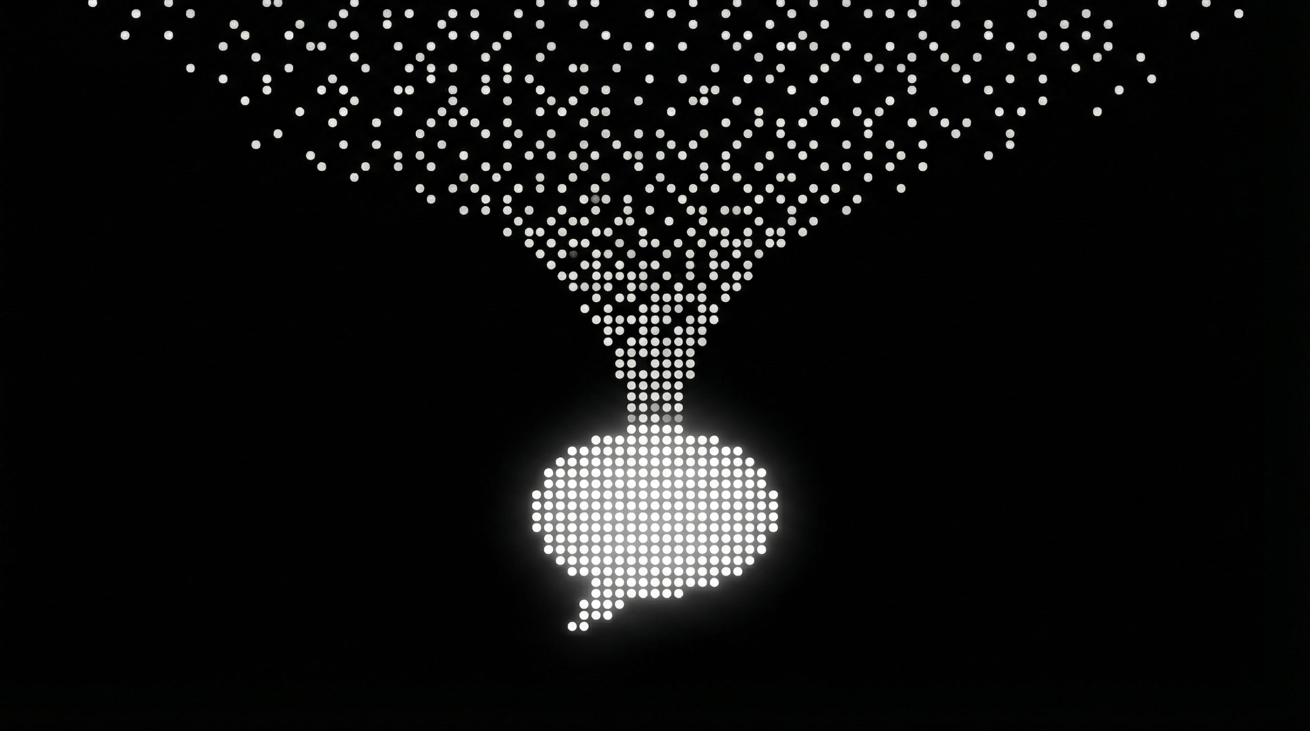 Minimalist graphic in a digital LED dot matrix style. At the top of the image, show a scattered, chaotic cloud of unaligned white dots representing 'noise' and traditional search results.